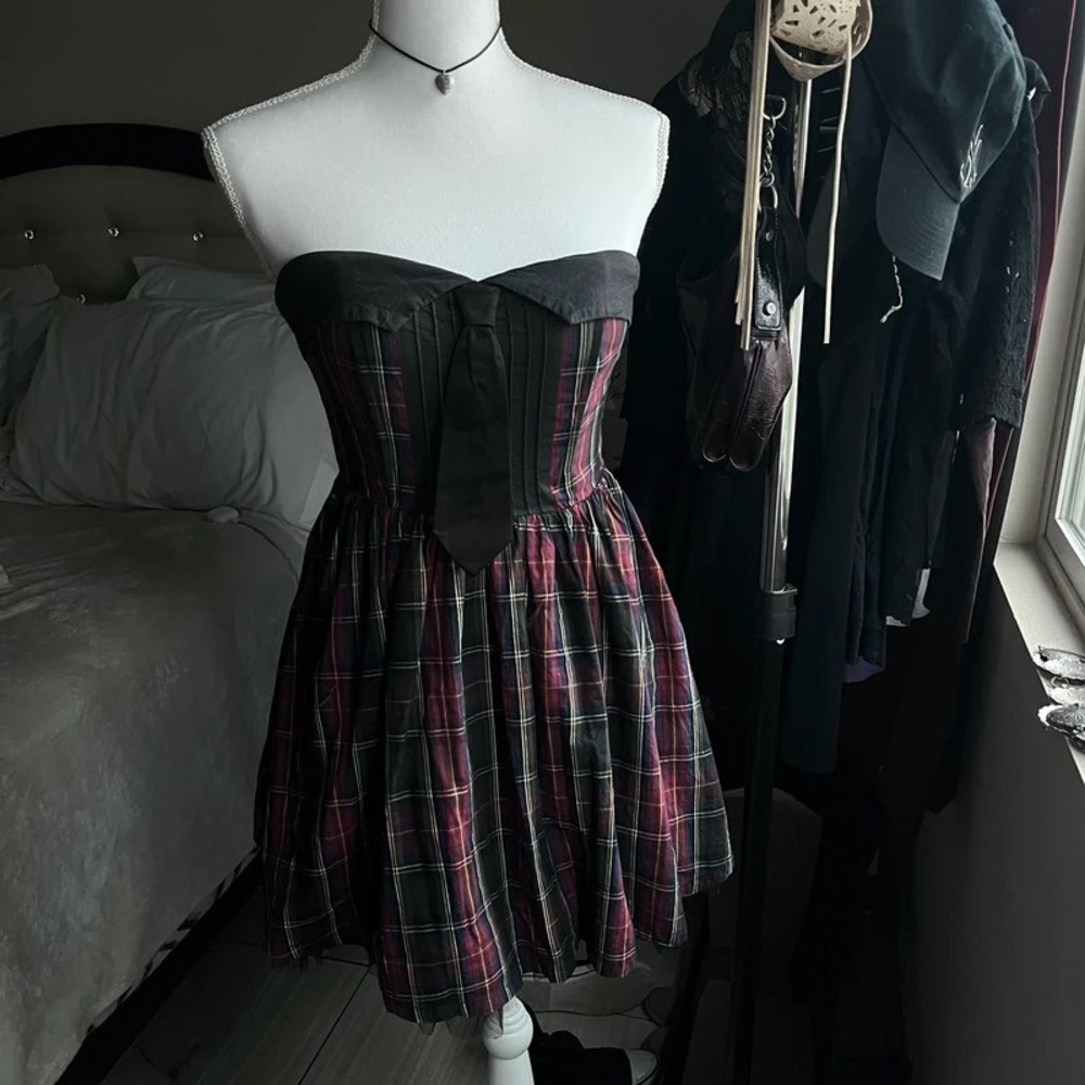 H&M Strapless Dress in Black and Red Plaid